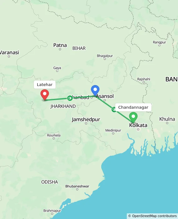 Route map showing distance and travel time from Chandannagar, India to Latehar, India
