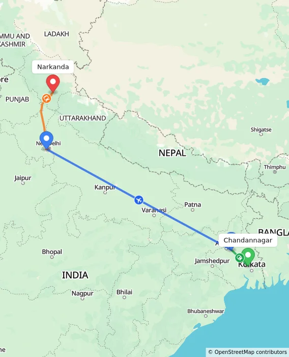 Route map showing distance and travel time from Chandannagar, India to Narkanda, India