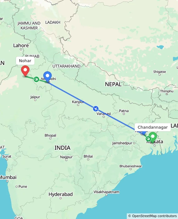 Route map showing distance and travel time from Chandannagar, India to Nohar, India