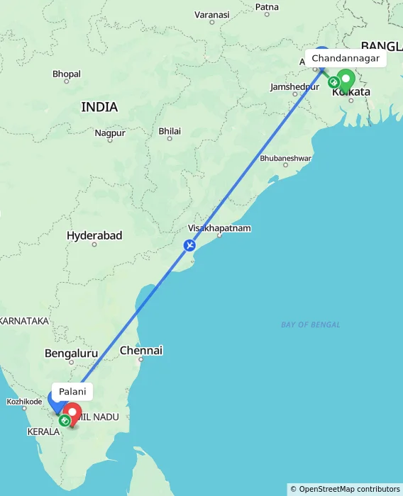Route map showing distance and travel time from Chandannagar, India to Palani, India