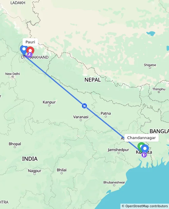 Route map showing distance and travel time from Chandannagar, India to Pauri, India