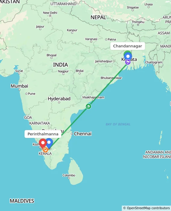 Route map showing distance and travel time from Chandannagar, India to Perinthalmanna, India