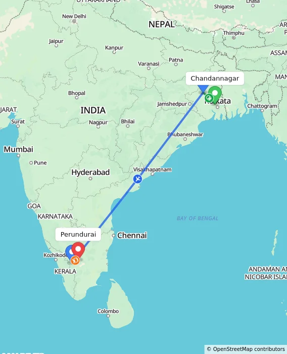 Route map showing distance and travel time from Chandannagar, India to Perundurai, India