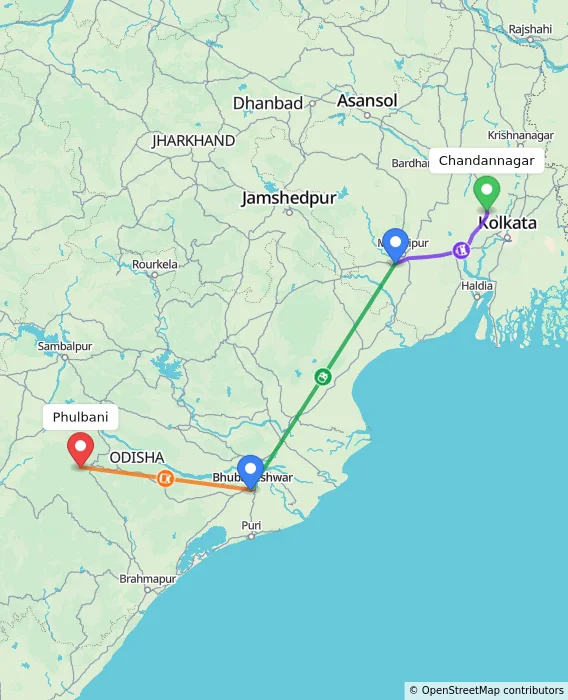 Route map showing distance and travel time from Chandannagar, India to Phulbani, India
