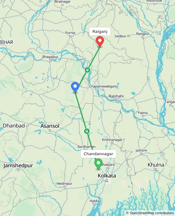 Route map showing distance and travel time from Chandannagar, India to Raiganj, India