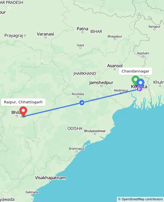 Route map showing distance and travel time from Chandannagar, India to Raipur, Chhattisgarh, India
