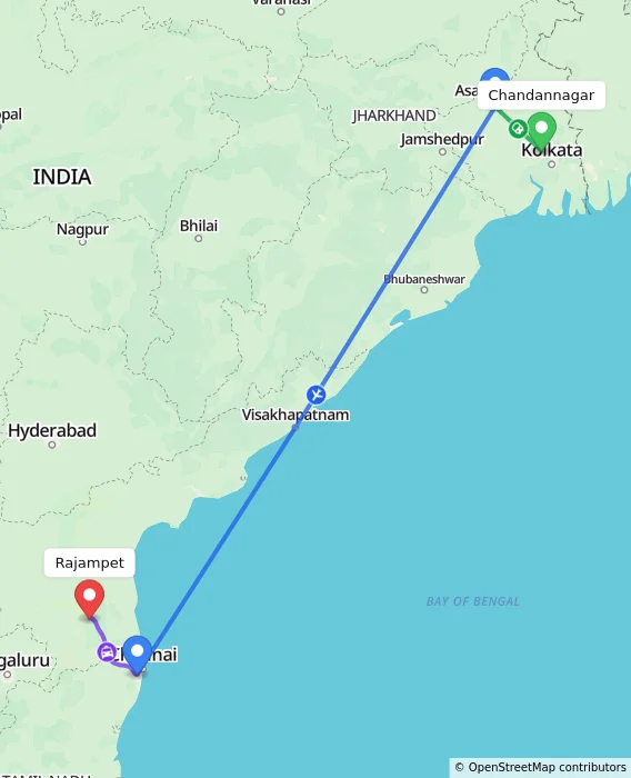 Route map showing distance and travel time from Chandannagar, India to Rajampet, India