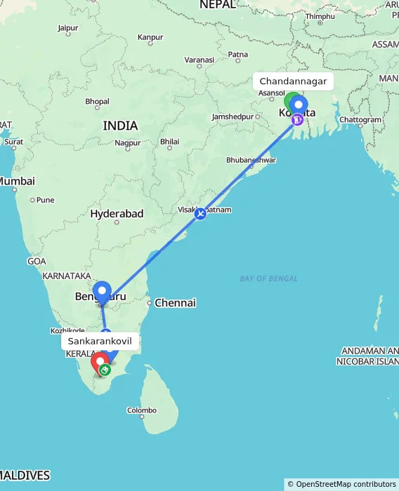 Route map showing distance and travel time from Chandannagar, India to Sankarankovil, India
