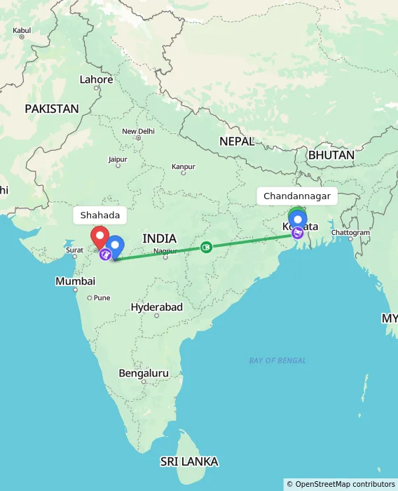 Route map showing distance and travel time from Chandannagar, India to Shahada, India
