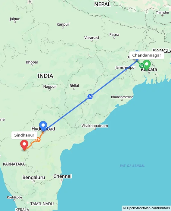 Route map showing distance and travel time from Chandannagar, India to Sindhanur, India