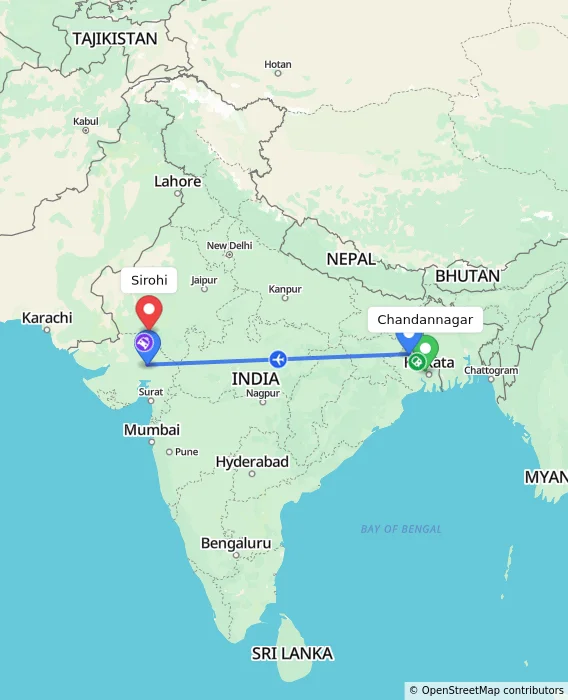 Route map showing distance and travel time from Chandannagar, India to Sirohi, India