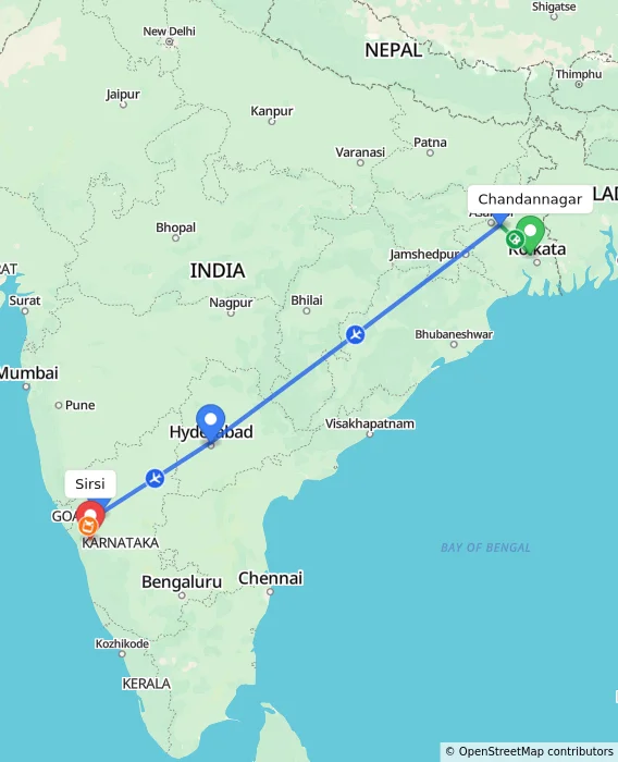 Route map showing distance and travel time from Chandannagar, India to Sirsi, India