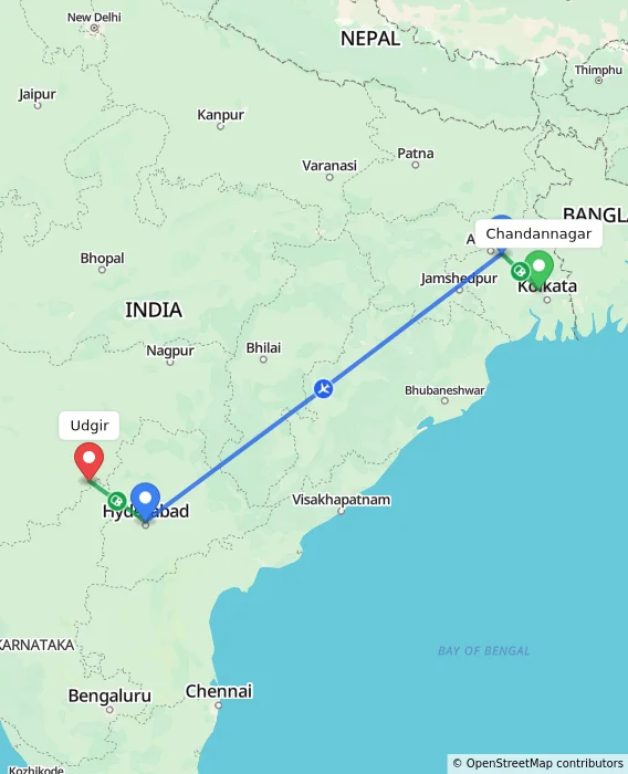 Route map showing distance and travel time from Chandannagar, India to Udgir, India