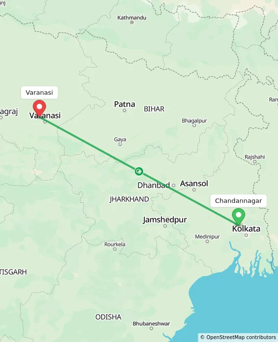 Route map showing distance and travel time from Chandannagar, India to Varanasi, India