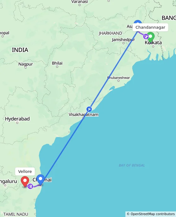 Route map showing distance and travel time from Chandannagar, India to Vellore, India