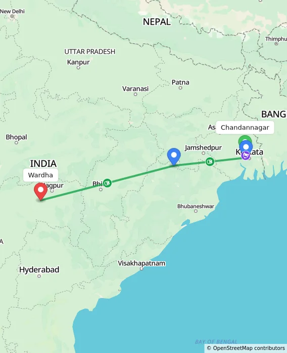 Route map showing distance and travel time from Chandannagar, India to Wardha, India