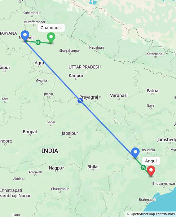 Route map showing distance and travel time from Chandausi, India to Angul, India