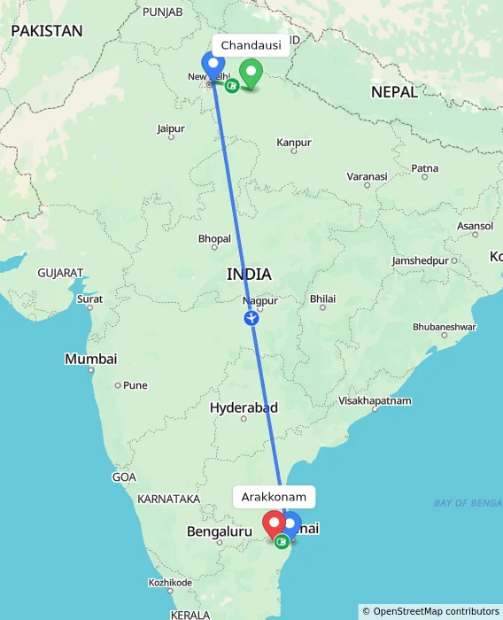 Route map showing distance and travel time from Chandausi, India to Arakkonam, India