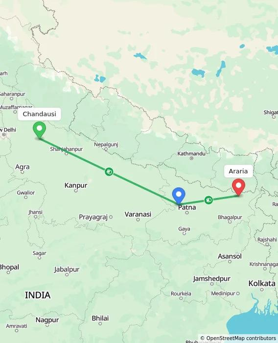 Route map showing distance and travel time from Chandausi, India to Araria, India