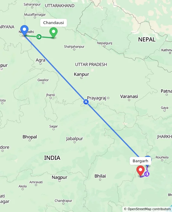 Route map showing distance and travel time from Chandausi, India to Bargarh, India