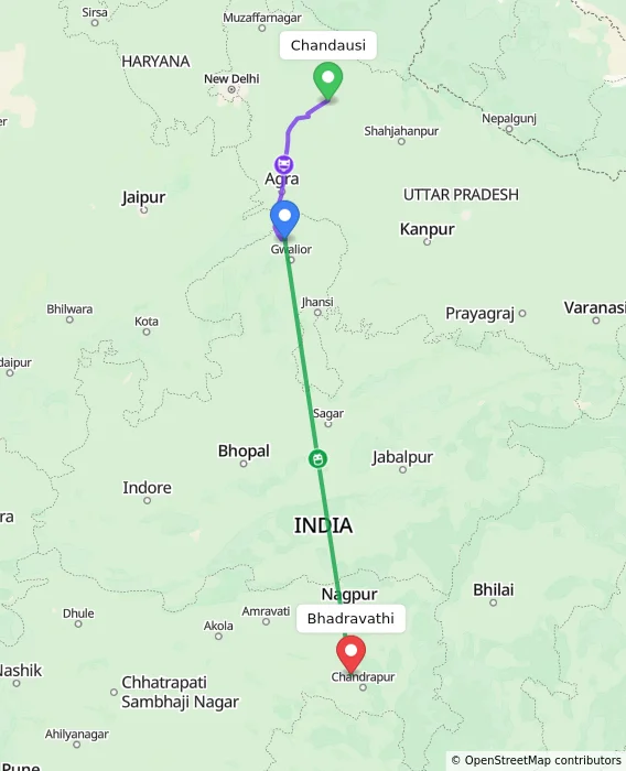 Route map showing distance and travel time from Chandausi, India to Bhadravathi, India