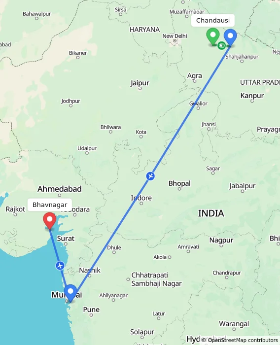 Route map showing distance and travel time from Chandausi, India to Bhavnagar, India