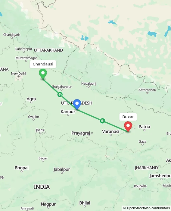 Route map showing distance and travel time from Chandausi, India to Buxar, India