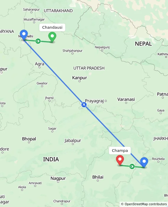 Route map showing distance and travel time from Chandausi, India to Champa, India