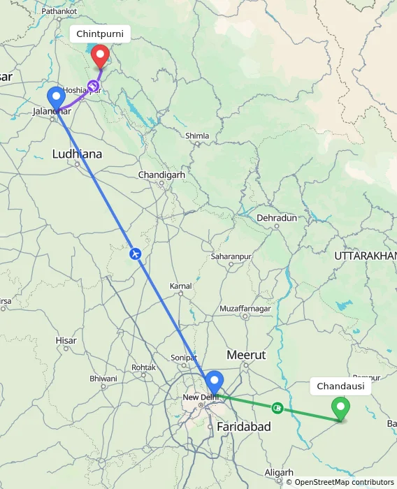 Route map showing distance and travel time from Chandausi, India to Chintpurni, India