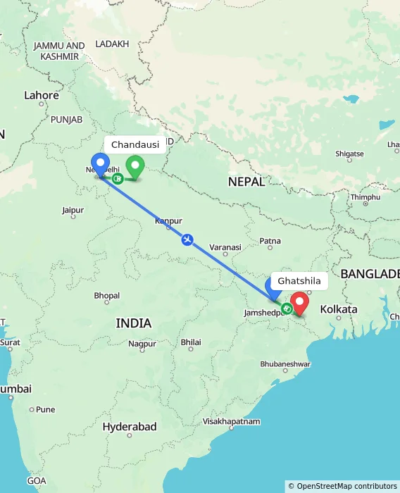 Route map showing distance and travel time from Chandausi, India to Ghatshila, India