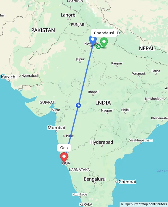 Route map showing distance and travel time from Chandausi, India to Goa, India