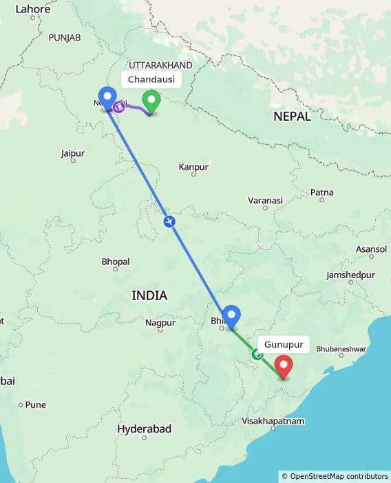 Route map showing distance and travel time from Chandausi, India to Gunupur, India