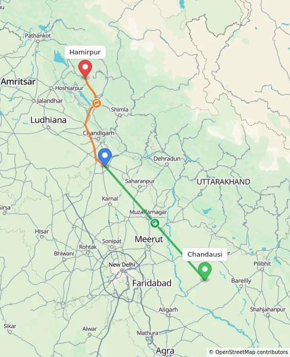 Route map showing distance and travel time from Chandausi, India to Hamirpur, India