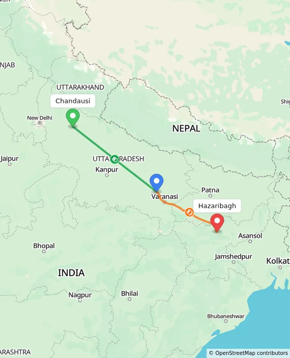 Route map showing distance and travel time from Chandausi, India to Hazaribagh, India