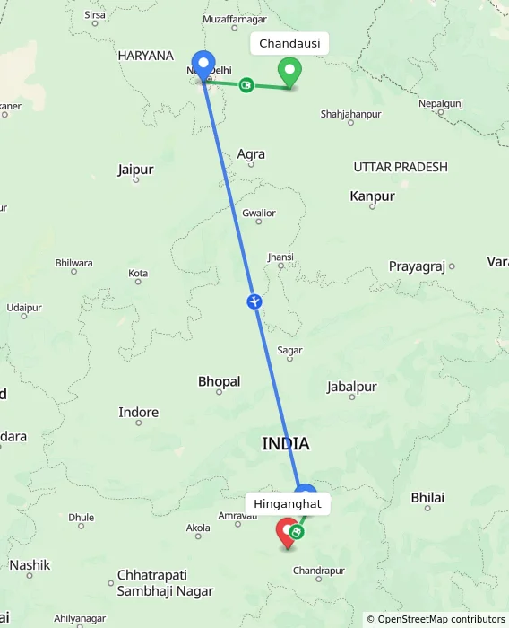 Route map showing distance and travel time from Chandausi, India to Hinganghat, India