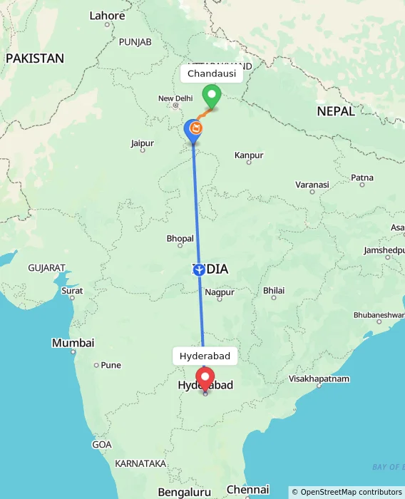 Route map showing distance and travel time from Chandausi, India to Hyderabad, India