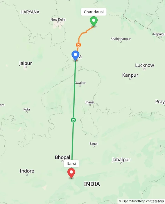 Route map showing distance and travel time from Chandausi, India to Itarsi, India