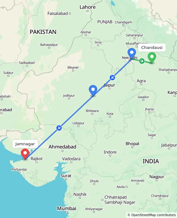 Route map showing distance and travel time from Chandausi, India to Jamnagar, India