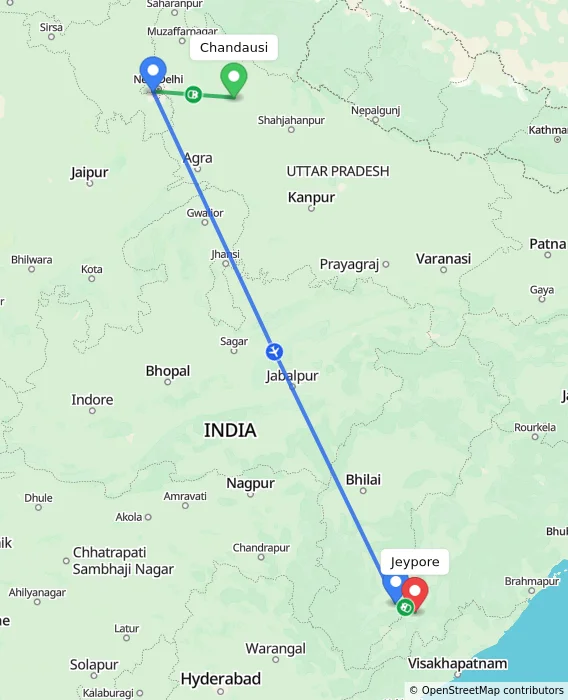 Route map showing distance and travel time from Chandausi, India to Jeypore, India