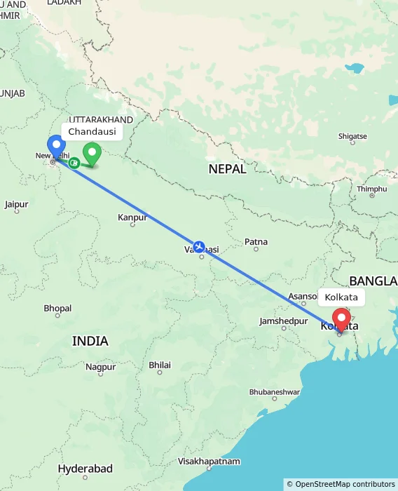 Route map showing distance and travel time from Chandausi, India to Kolkata, India
