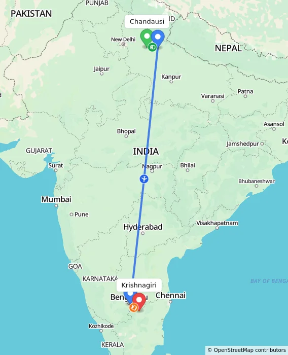 Route map showing distance and travel time from Chandausi, India to Krishnagiri, India