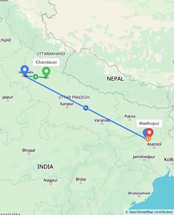 Route map showing distance and travel time from Chandausi, India to Madhupur, India