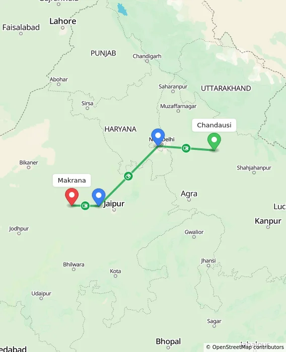 Route map showing distance and travel time from Chandausi, India to Makrana, India
