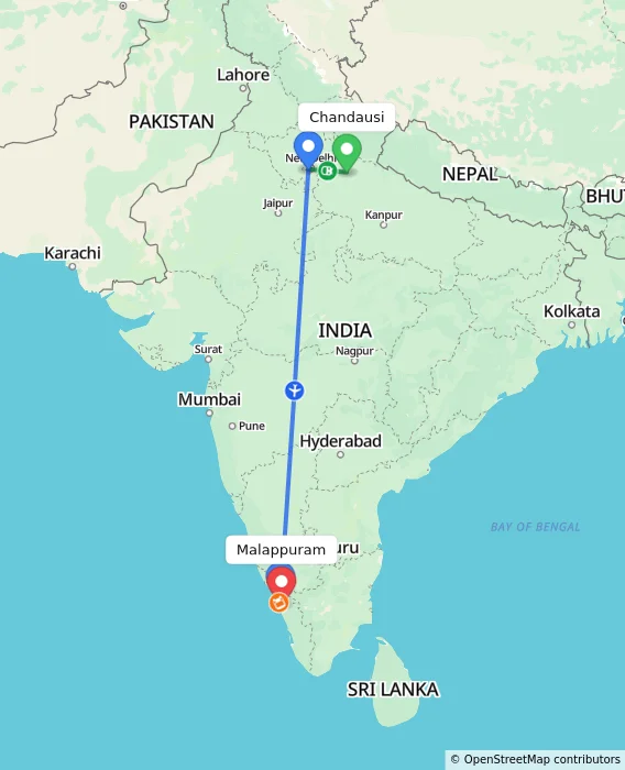 Route map showing distance and travel time from Chandausi, India to Malappuram, India
