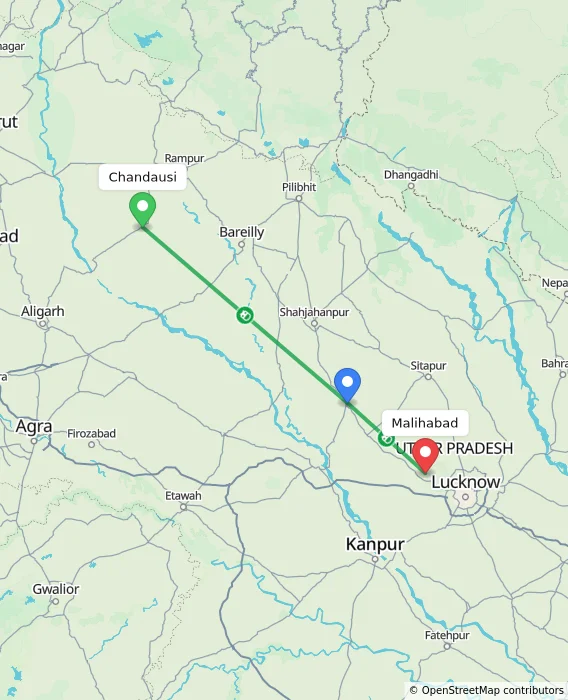 Route map showing distance and travel time from Chandausi, India to Malihabad, India