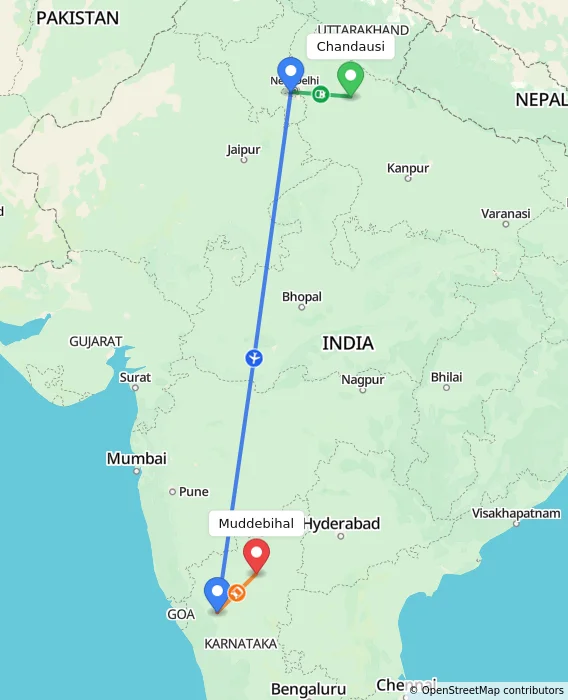 Route map showing distance and travel time from Chandausi, India to Muddebihal, India