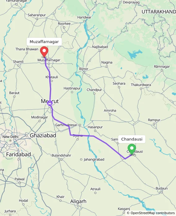 Route map showing distance and travel time from Chandausi, India to Muzaffarnagar, India
