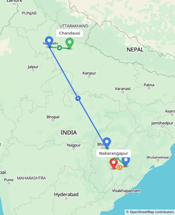 Route map showing distance and travel time from Chandausi, India to Nabarangapur, India