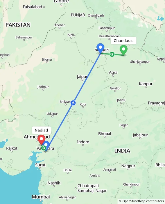 Route map showing distance and travel time from Chandausi, India to Nadiad, India