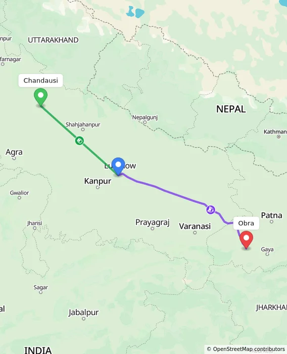 Route map showing distance and travel time from Chandausi, India to Obra, India
